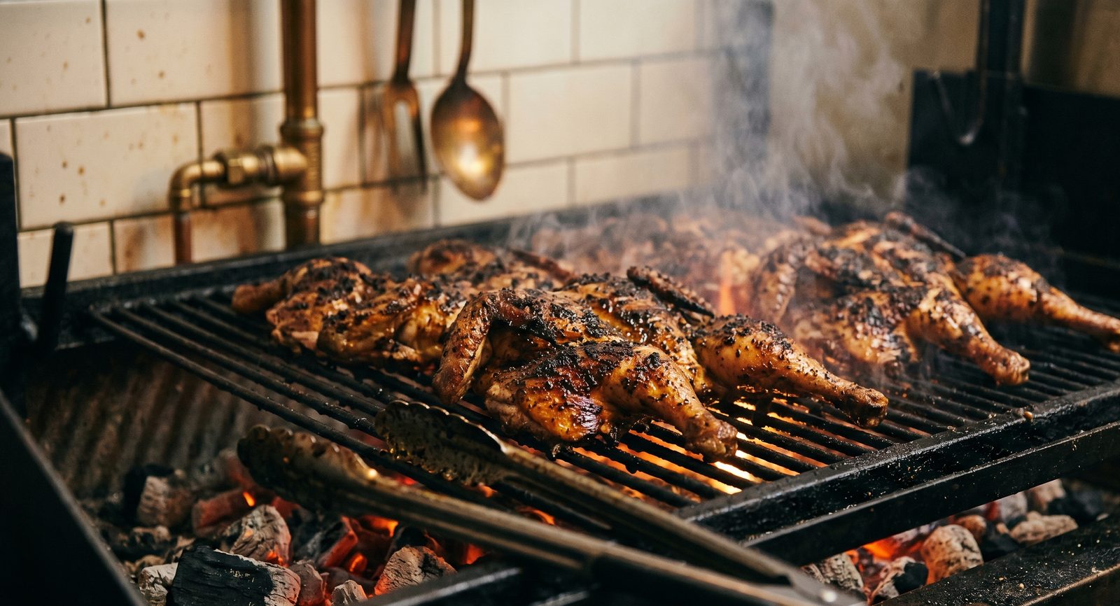 Spatchcocked chickens grilling over live charcoal at BRASA