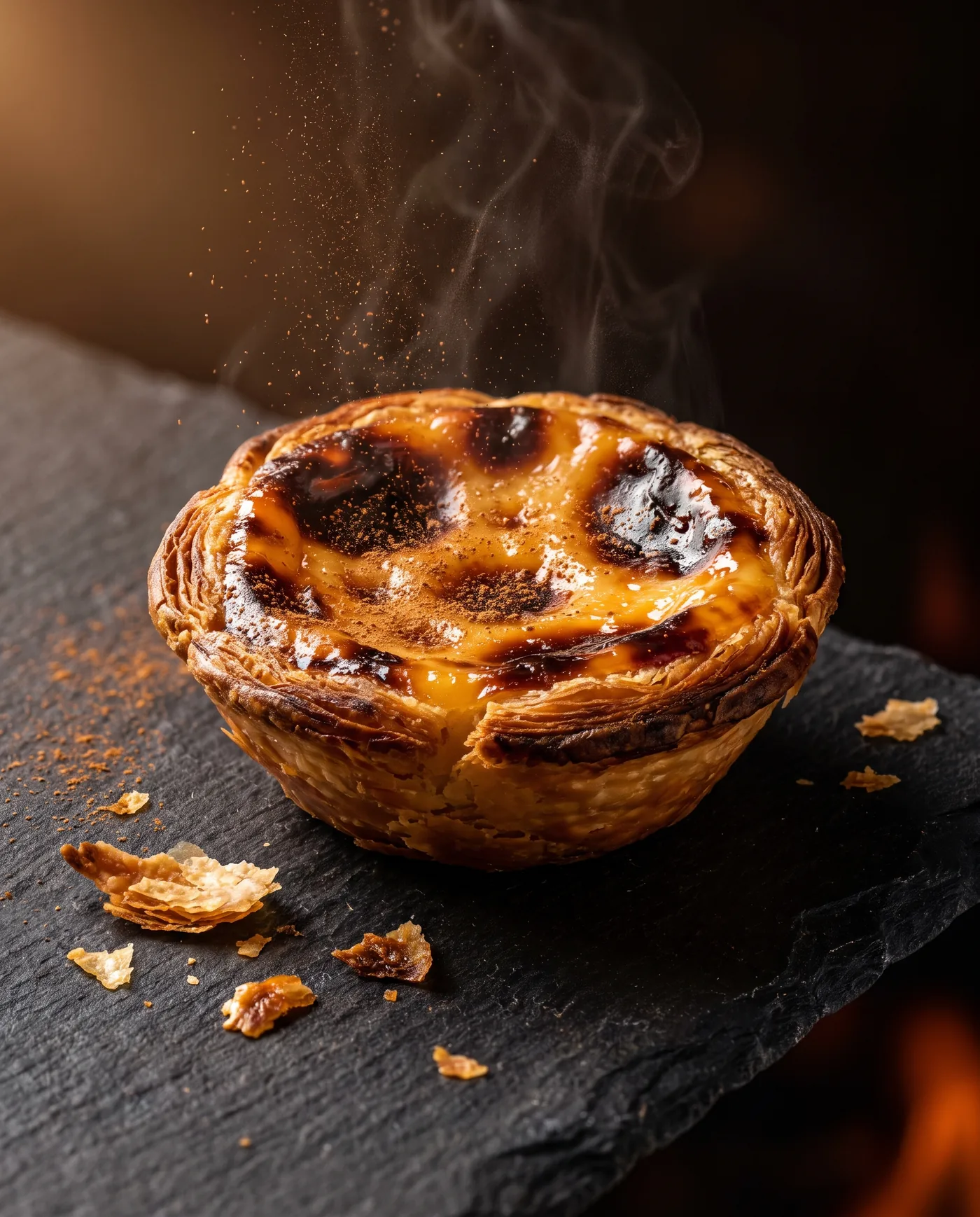 BRASAs pastel de nata på nära håll — mörkt karamelliserad yta, gul kräm och flagnande smördeg på mörk skiffer