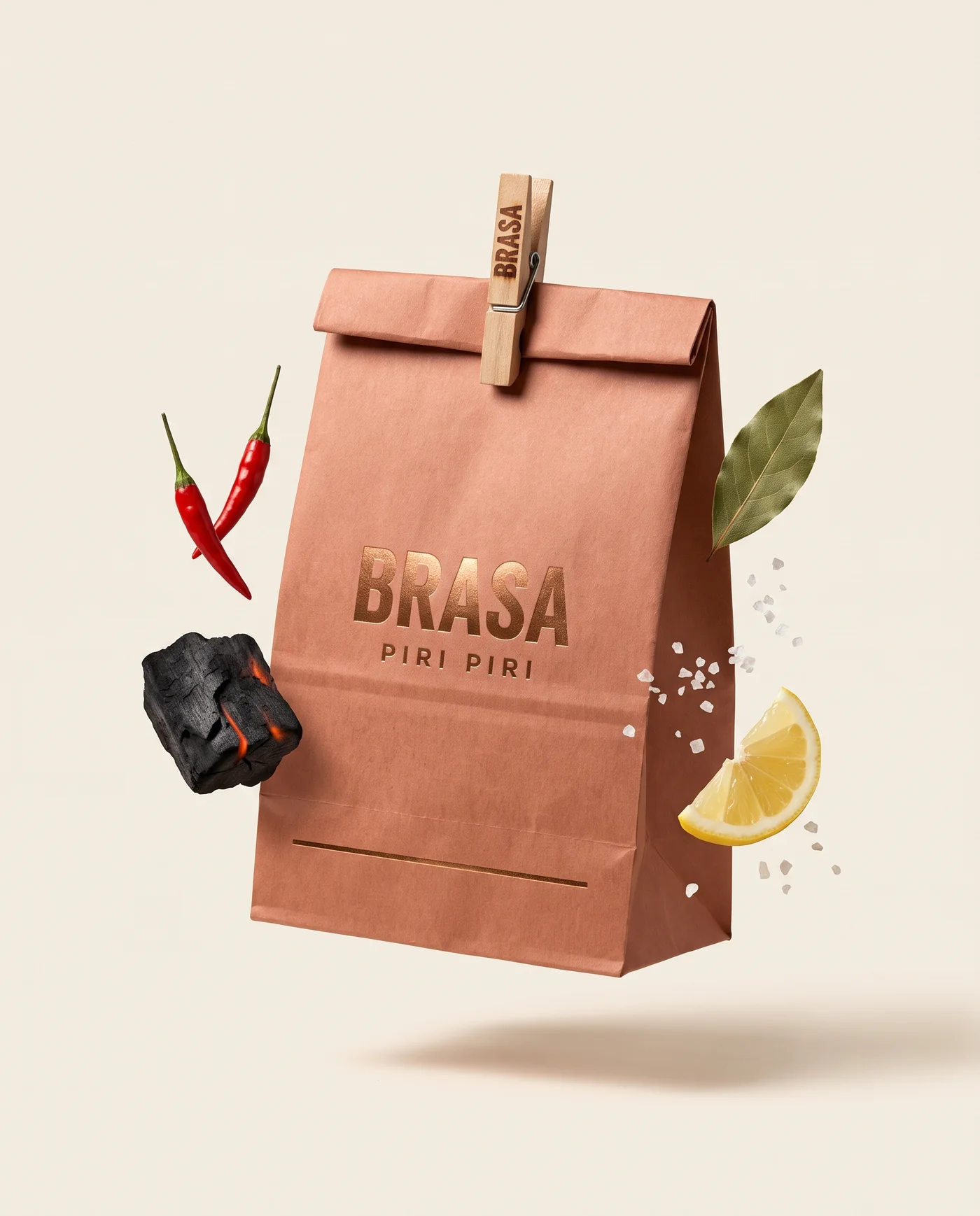 BRASAs takeawaypåse i dämpad paprikaterrakotta med ordmärket i bronsfolie, toppen vikt och stängd med en träklädnypa med BRASA på, med chili, kol, lagerblad och citron som svävar runt